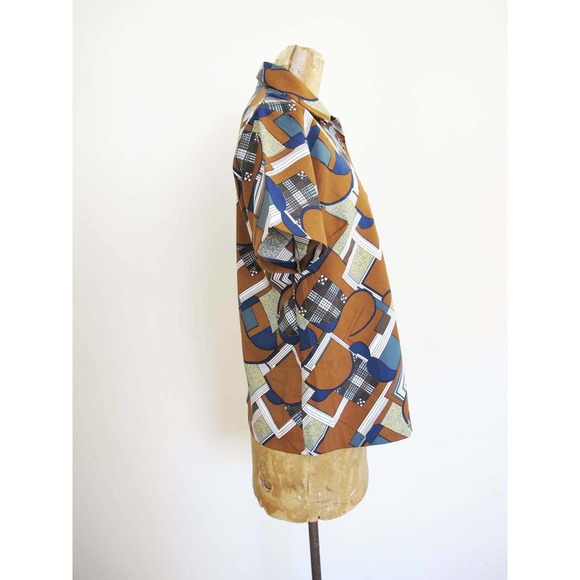 1970s Brown Navy Blue Collared Short Sleeve Button Up - Picture 4 of 4